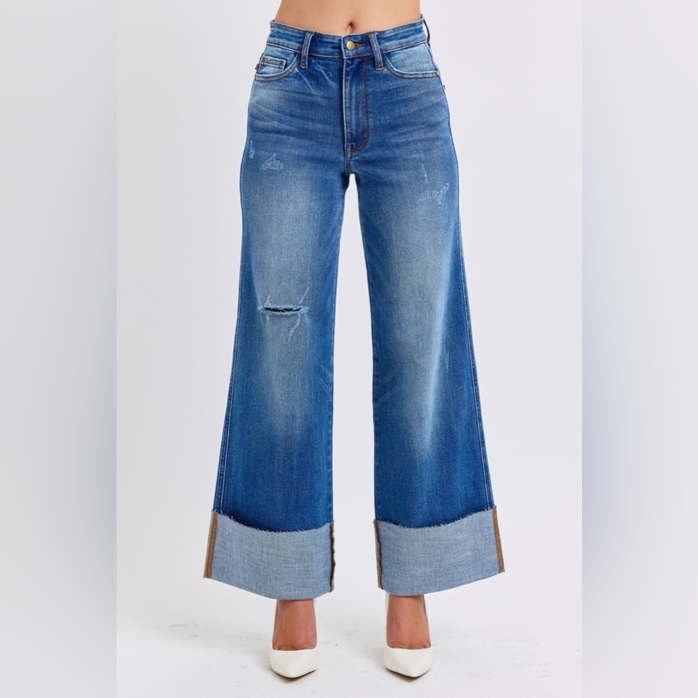 NEW❄️Judy Blue Full Size Distressed High Waist Wide Leg Jeans - Picture 2 of 10